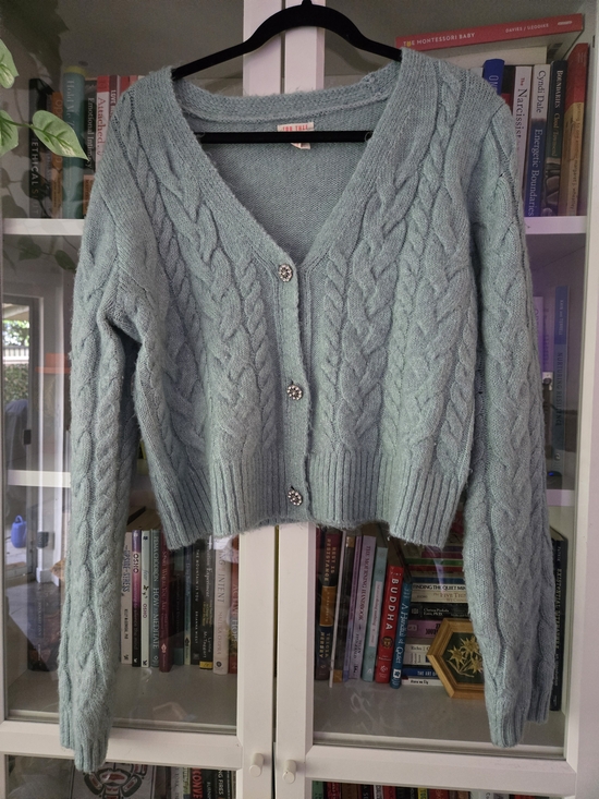 For Thee Sweaters - For Thee Light Mint Cable Knit V-Neck Cardigan Sweater with Rhinestone Buttons